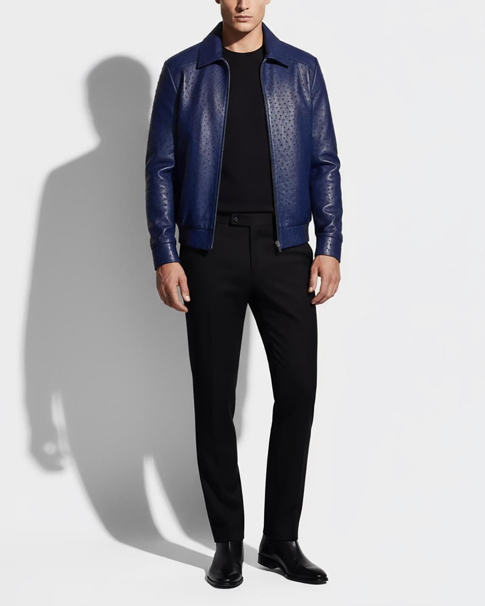 Genuine Ostrich Quill Leather Men's Navy Blue Luxury Handmade Jacket