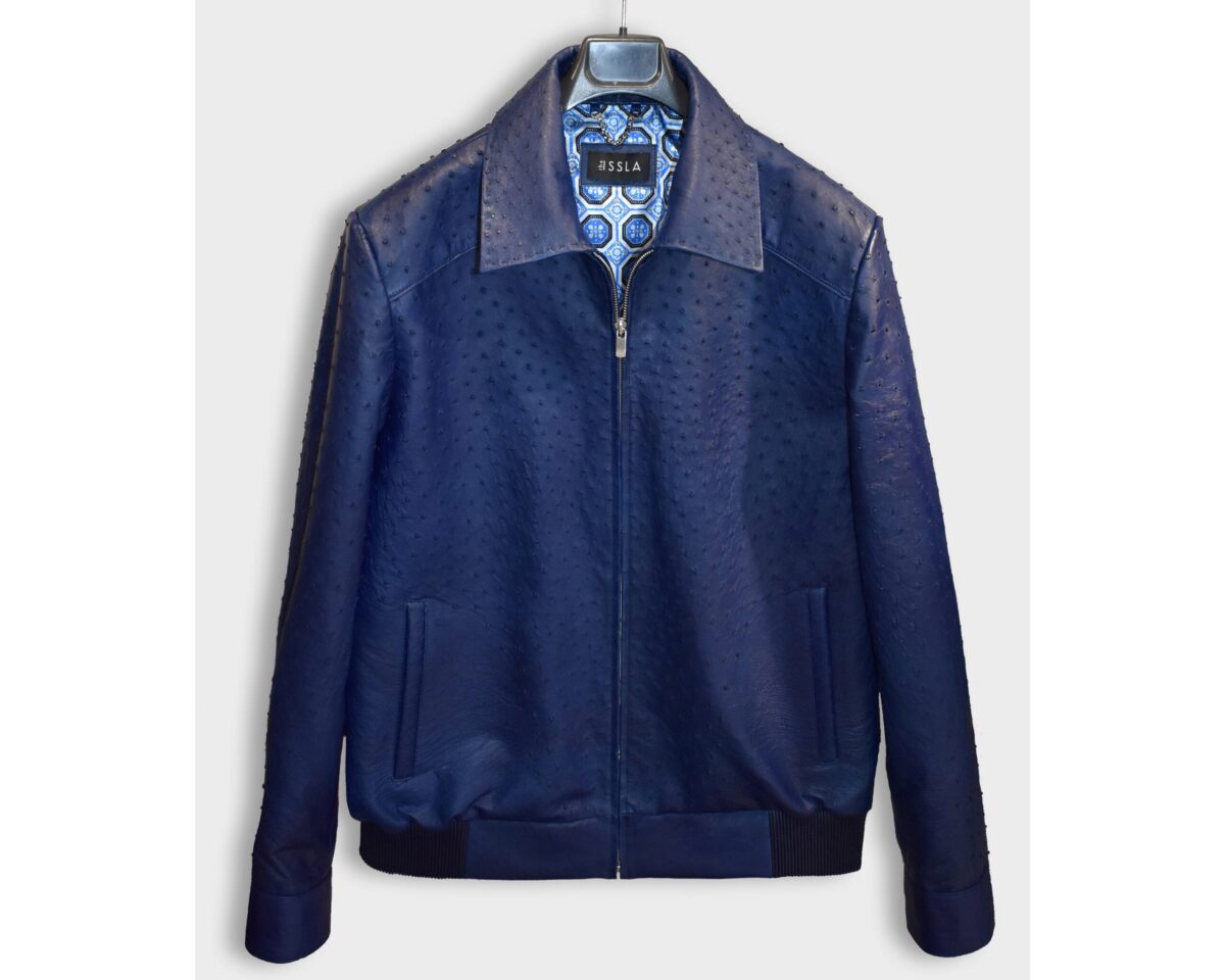 Genuine Ostrich Quill Leather Men's Navy Blue Luxury Handmade Jacket