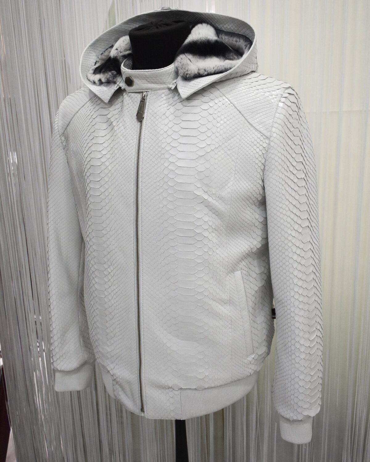 Genuine Python Leather Removable Real Rex Fur Lining Men's Grey Hoodie Jacket