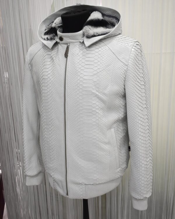 Genuine Python Leather Removable Real Rex Fur Lining Men's Grey Hoodie Jacket