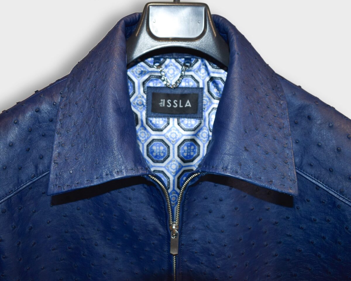 Genuine Ostrich Quill Leather Men's Navy Blue Luxury Handmade Jacket