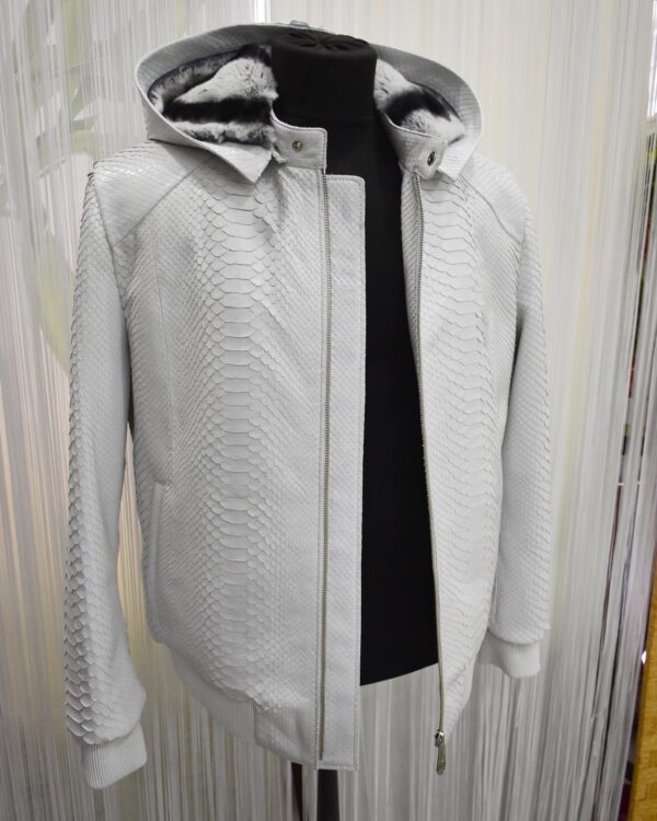 Genuine Python Leather Removable Real Rex Fur Lining Men's Grey Hoodie Jacket