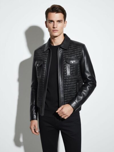 Men's Quilted Stretch Black Lambskin Genuine Leather Bomber Jacket