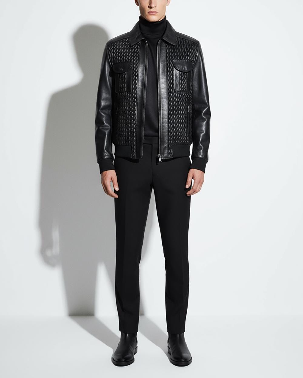 Men's Quilted Stretch Black Lambskin Genuine Leather Bomber Jacket