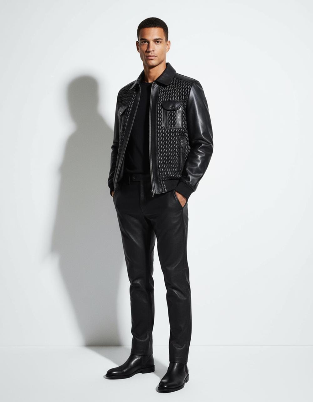 Men's Quilted Stretch Black Lambskin Genuine Leather Bomber Jacket
