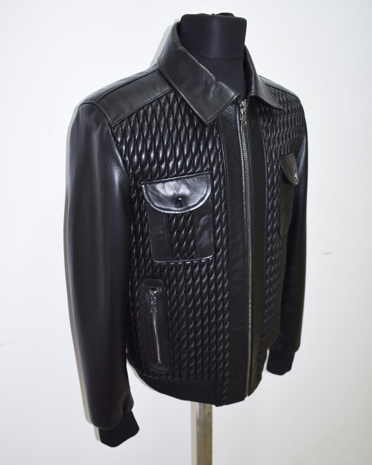 Men's Quilted Stretch Black Lambskin Genuine Leather Bomber Jacket