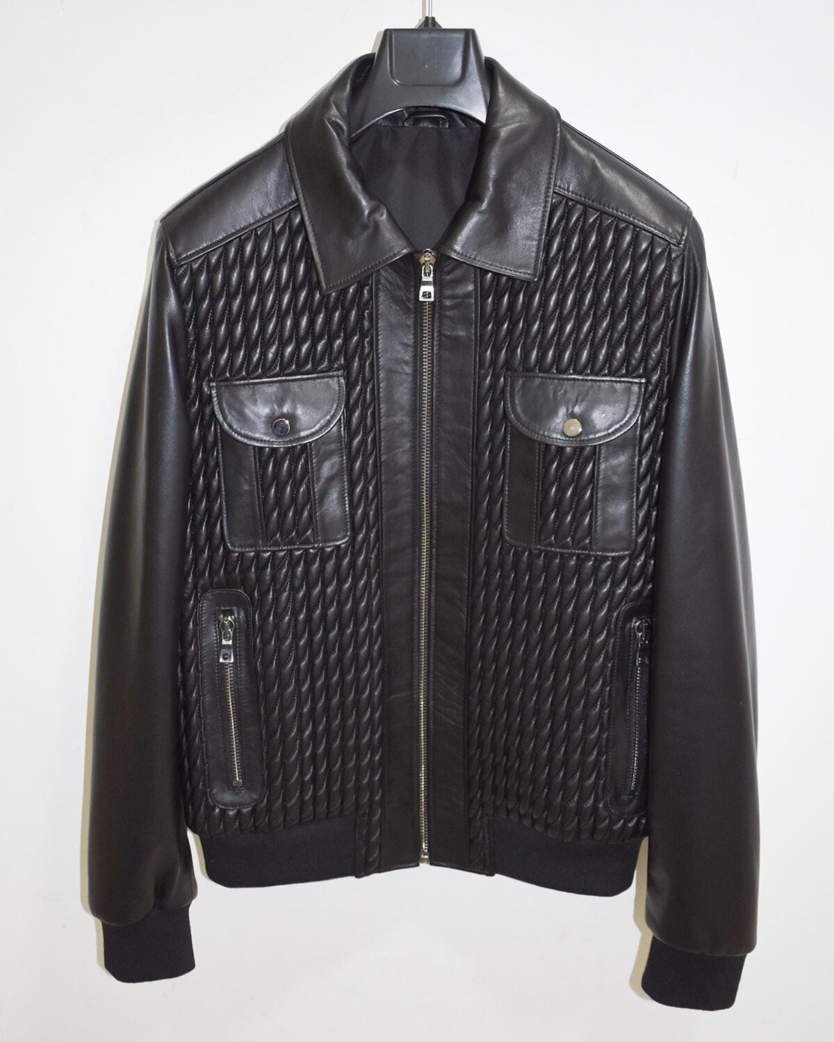 Men's Quilted Stretch Black Lambskin Genuine Leather Bomber Jacket