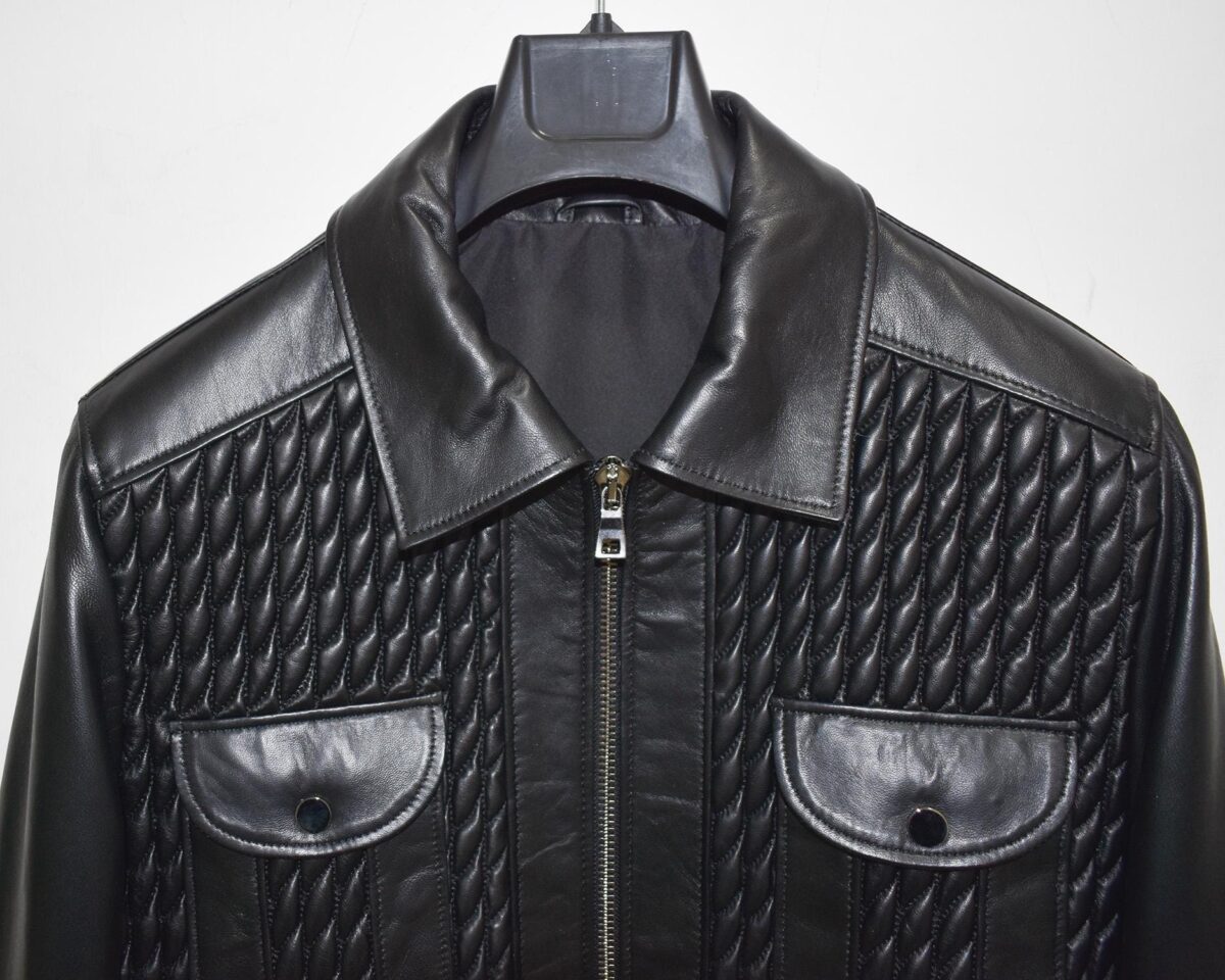 Men's Quilted Stretch Black Lambskin Genuine Leather Bomber Jacket