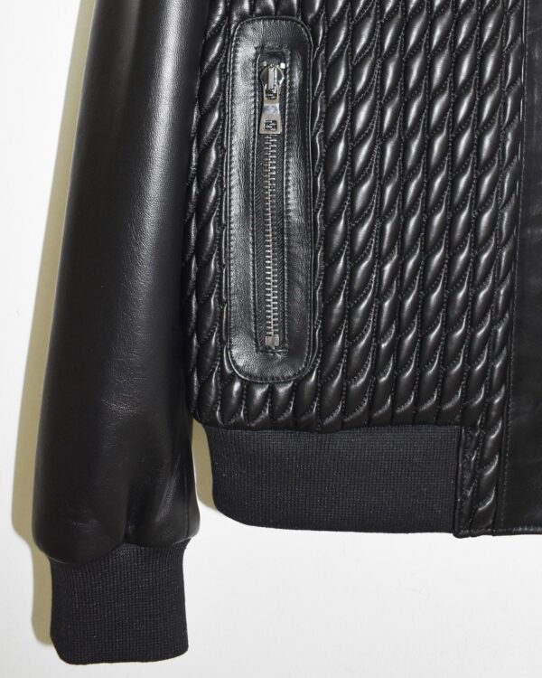 Men's Quilted Stretch Black Lambskin Genuine Leather Bomber Jacket