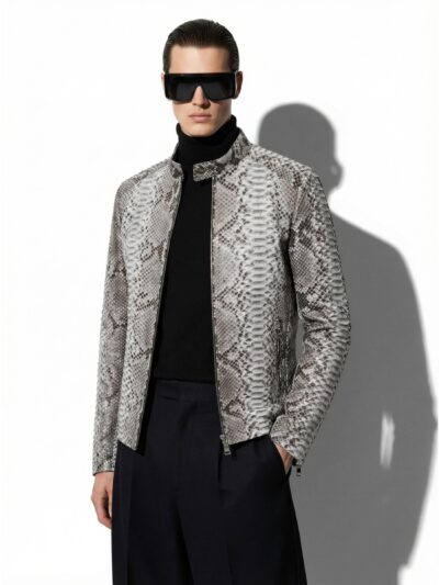 Luxury Men's Natural Beige Python Leather Genuine Snake Skin Exotic Moto Jacket