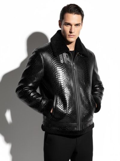 Men's Genuine Python Leather Aviator Jacket: Shearling Fur Lining