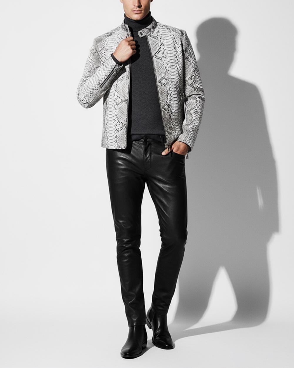 695e5a3159f447123fa57b10.jpg Luxury Men's Natural Beige Python Leather Genuine Snake Skin Exotic Moto Jacket