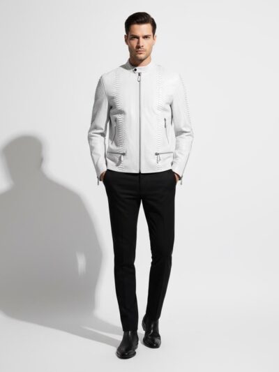 Genuine Python Leather Men's Exotic Snake Skin White Handmade Moto Jacket