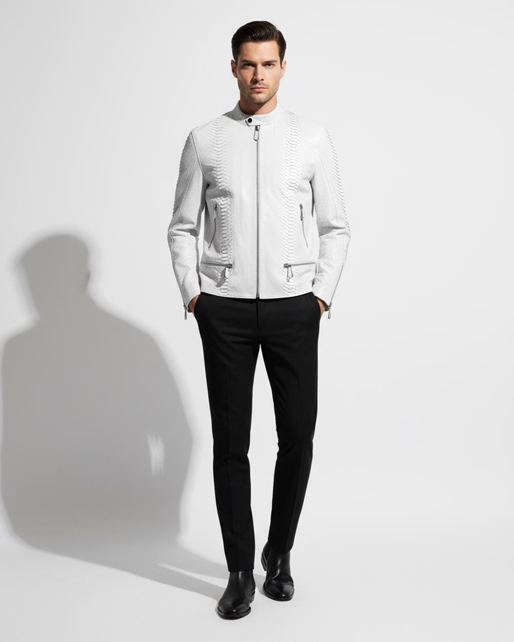 Genuine Python Leather Men's Exotic Snake Skin White Handmade Moto Jacket