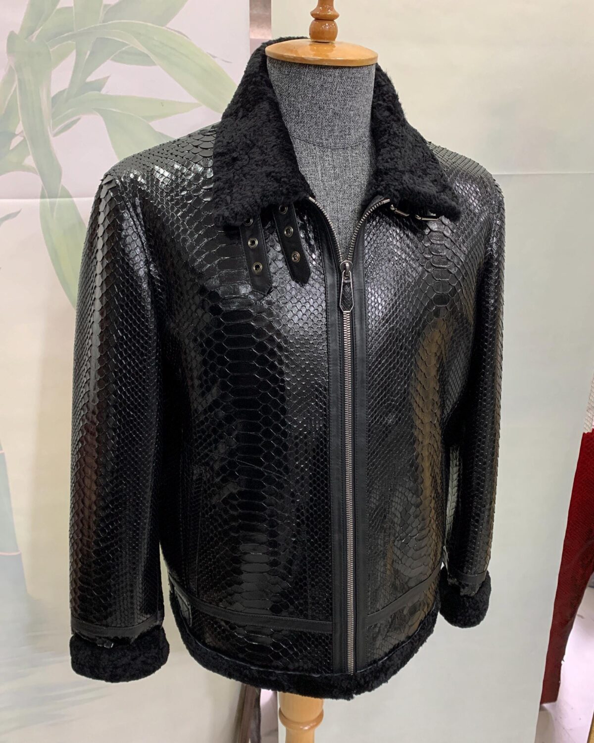 Men's Genuine Python Leather Aviator Jacket: Shearling Fur Lining