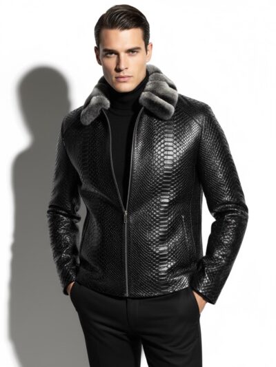 Genuine Python Skin Rex Fur Collar Men's Exotic Leather Luxury Black Jacket
