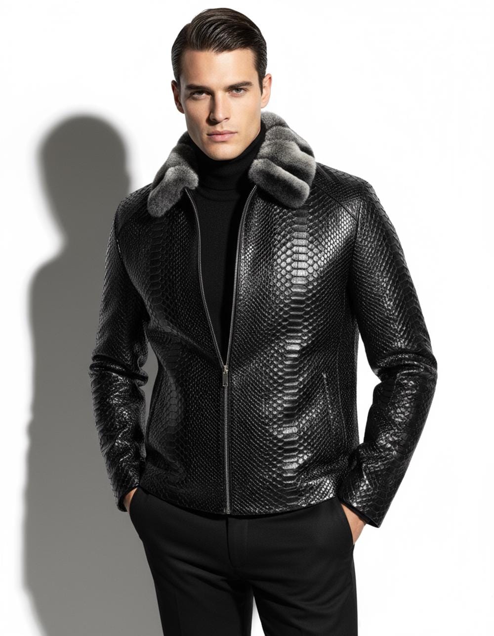695e5a3159f447123fa57b23.jpg Genuine Python Skin Rex Fur Collar Men's Exotic Leather Luxury Black Jacket