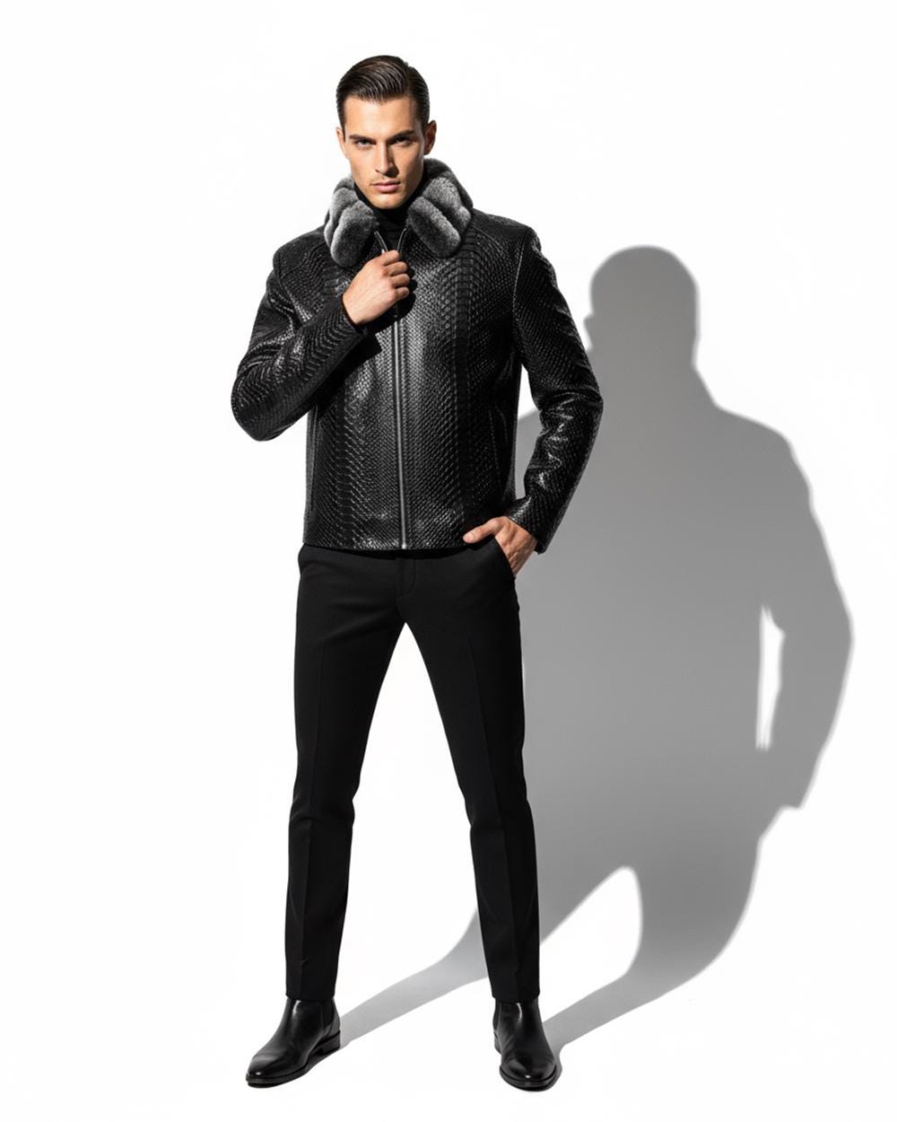 695e5a3259f447123fa57b31.jpg Genuine Python Skin Rex Fur Collar Men's Exotic Leather Luxury Black Jacket