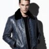Men's Genuine Python Skin Removable Mink Fur Collar Blue Exotic Leather Jacket