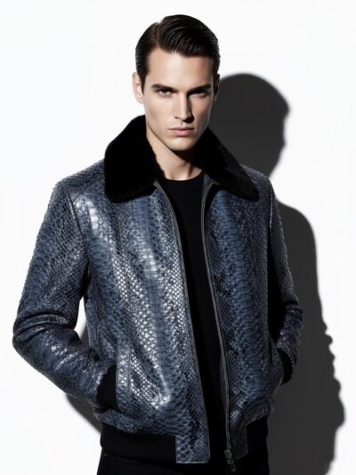 Men's Genuine Python Skin Removable Mink Fur Collar Blue Exotic Leather Jacket