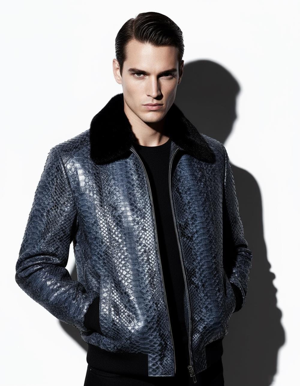 Men's Genuine Python Skin Removable Mink Fur Collar Blue Exotic Leather Jacket
