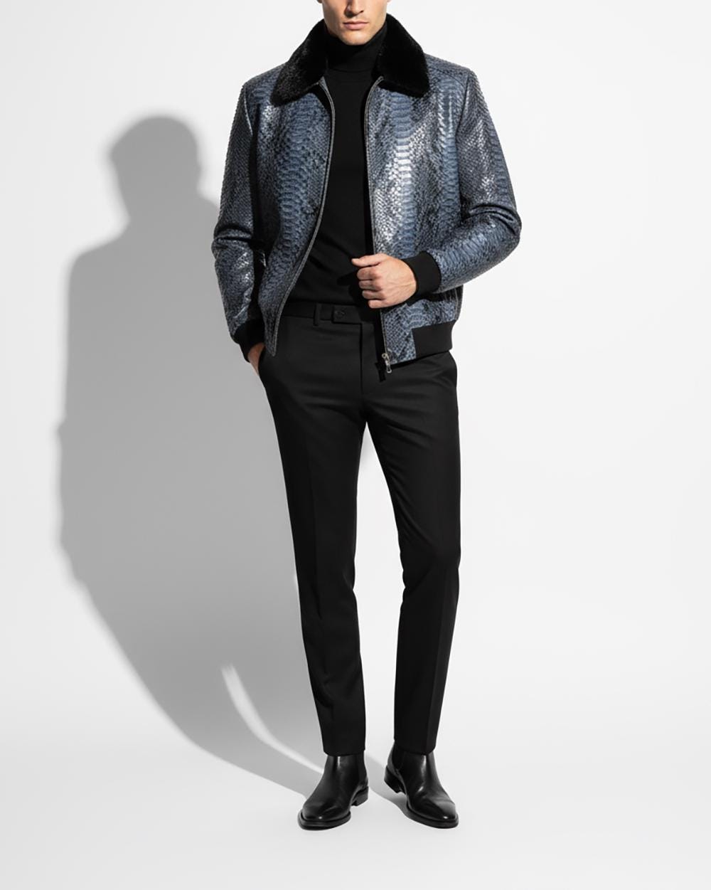 Men's Genuine Python Skin Removable Mink Fur Collar Blue Exotic Leather Jacket