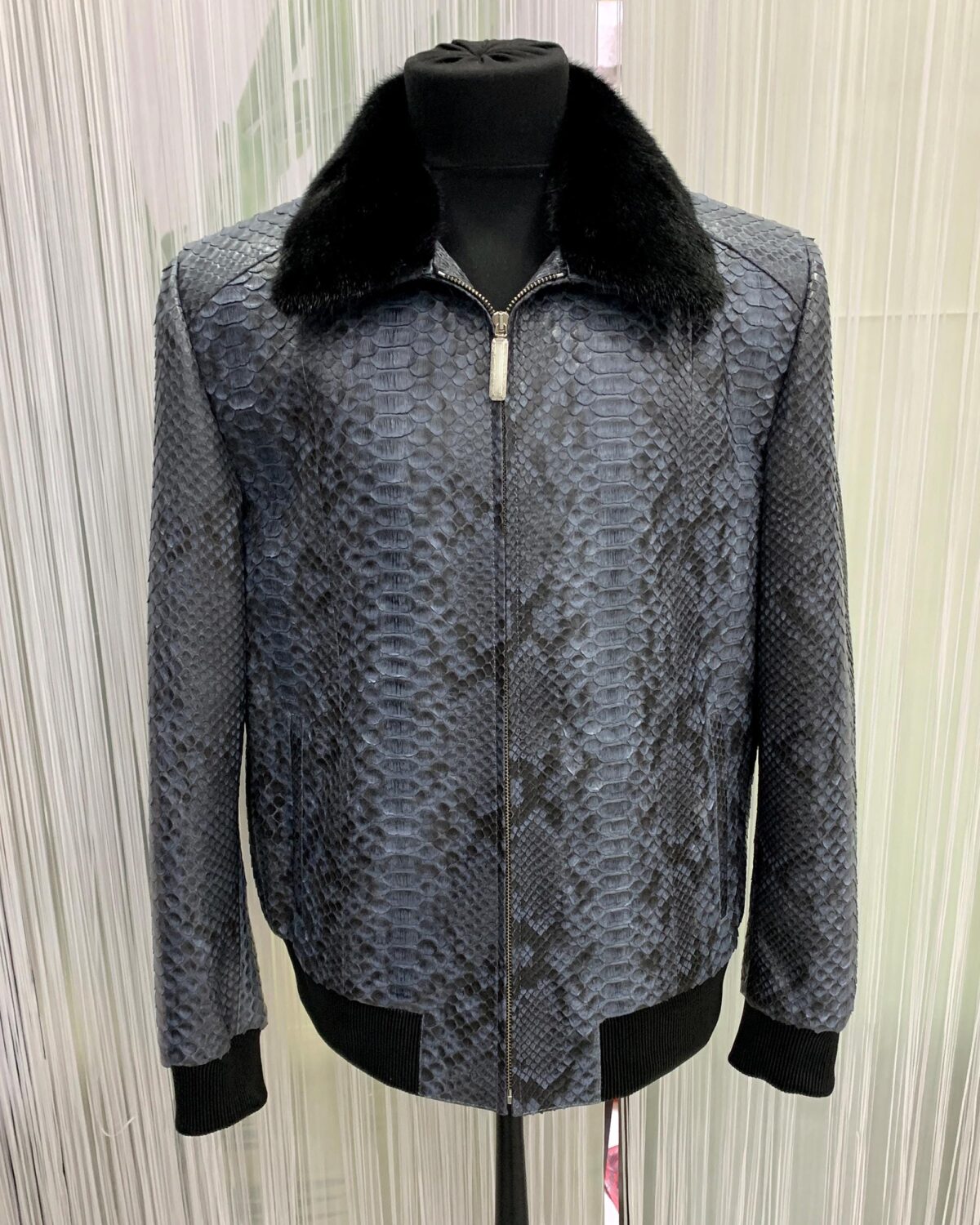 Men's Genuine Python Skin Removable Mink Fur Collar Blue Exotic Leather Jacket