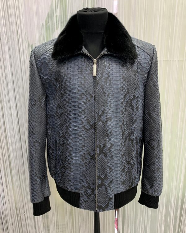 Men's Genuine Python Skin Removable Mink Fur Collar Blue Exotic Leather Jacket