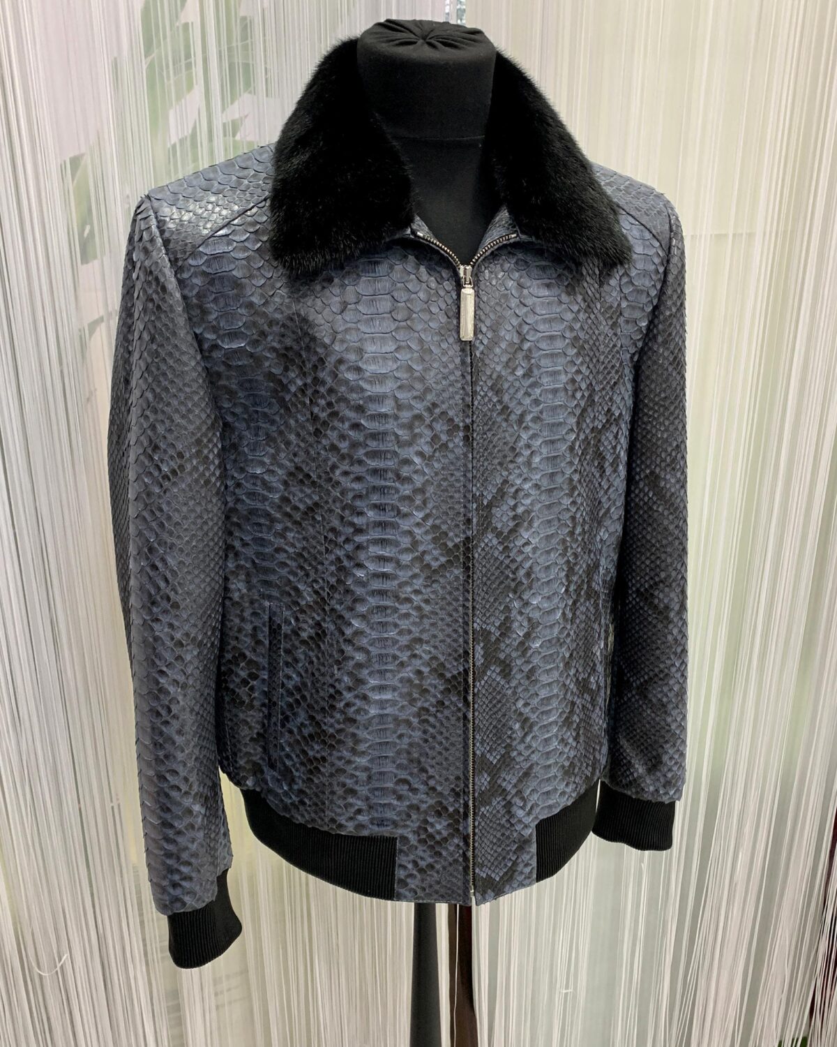 Men's Genuine Python Skin Removable Mink Fur Collar Blue Exotic Leather Jacket