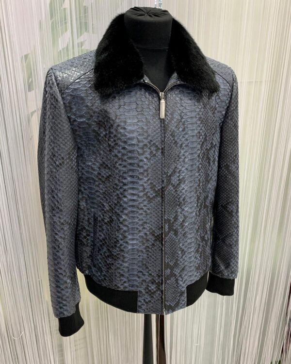 Men's Genuine Python Skin Removable Mink Fur Collar Blue Exotic Leather Jacket