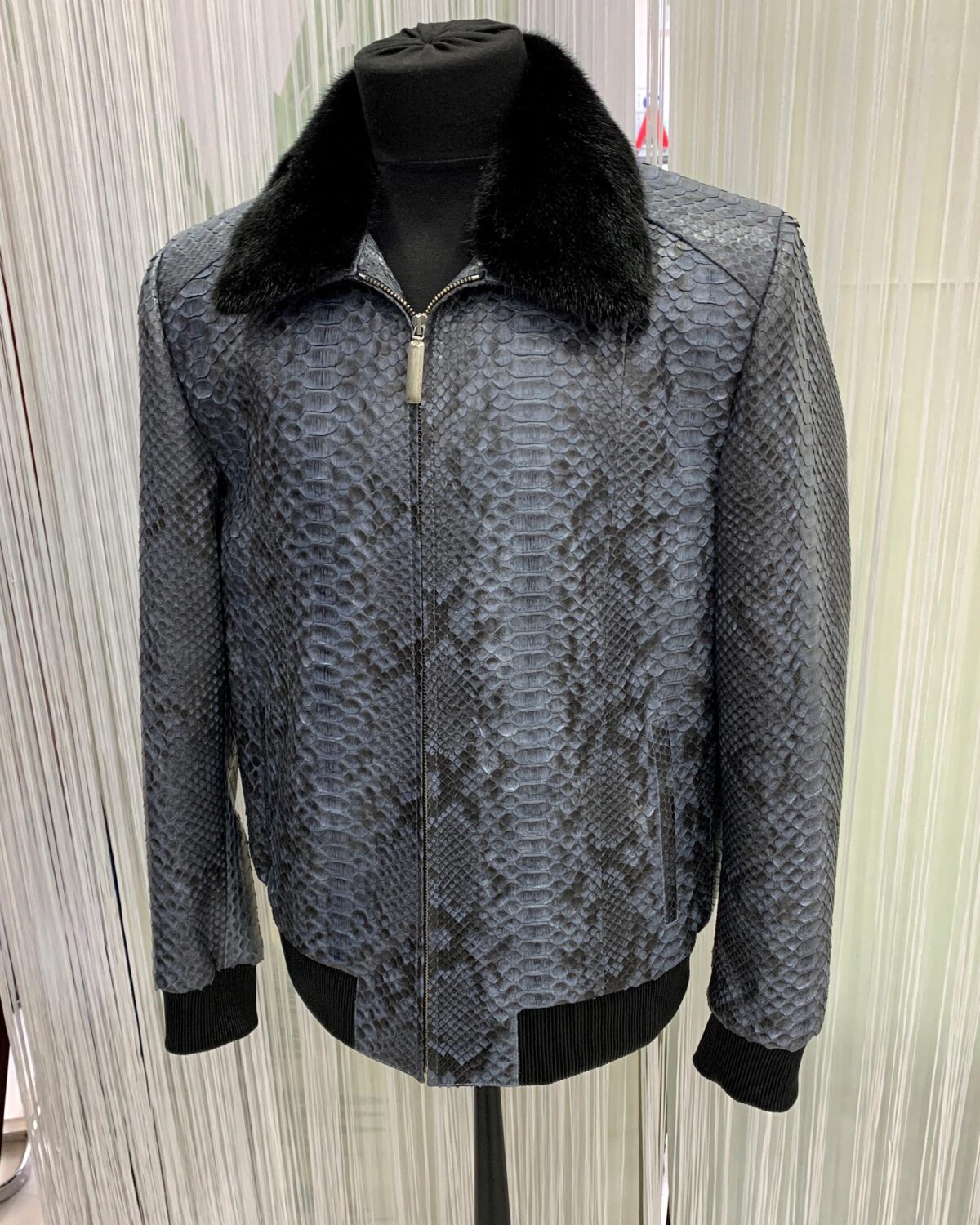 Men's Genuine Python Skin Removable Mink Fur Collar Blue Exotic Leather Jacket