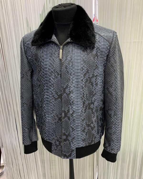 Men's Genuine Python Skin Removable Mink Fur Collar Blue Exotic Leather Jacket