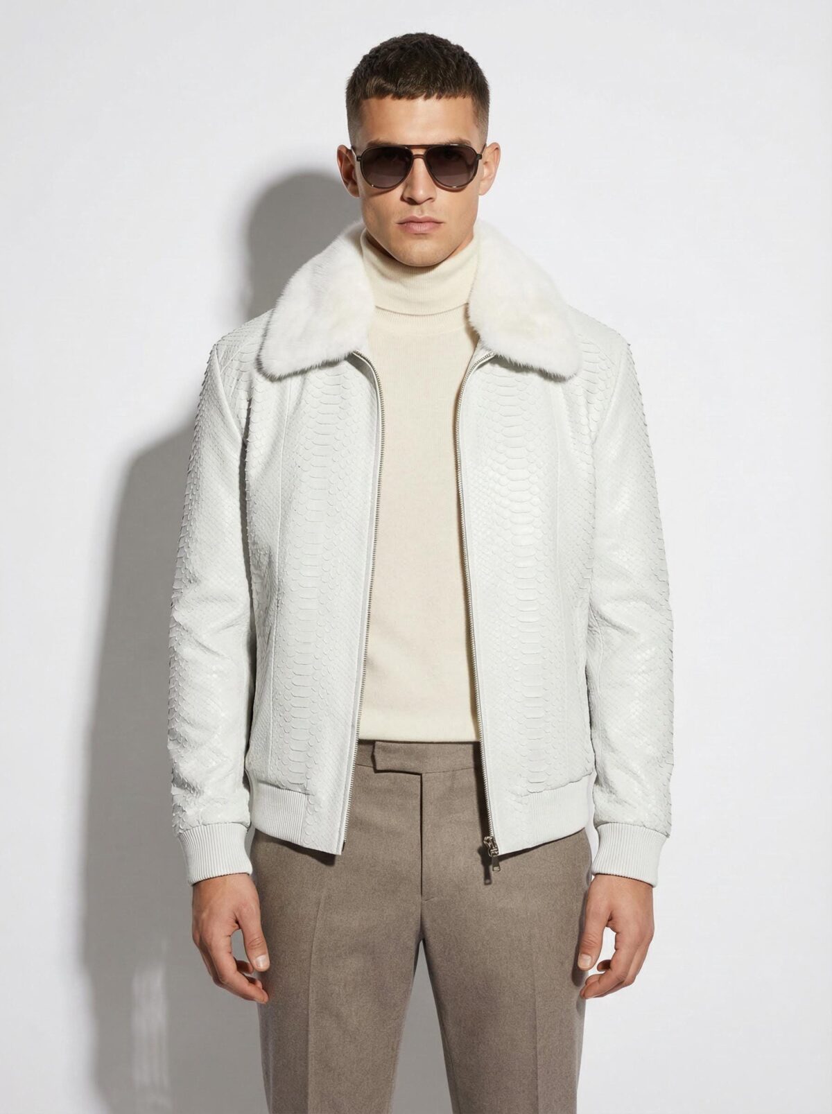 695e5a3559f447123fa57c51.jpg Men's Genuine Python Skin Removable Mink Fur Collar White Exotic Leather Jacket