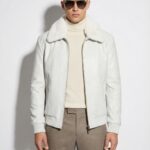 Men's Genuine Python Skin Removable Mink Fur Collar White Exotic Leather Jacket