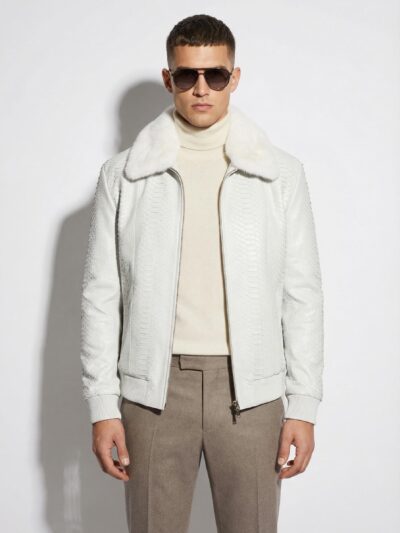 Men's Genuine Python Skin Removable Mink Fur Collar White Exotic Leather Jacket