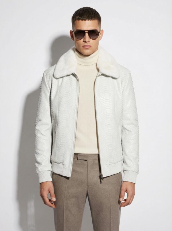 Men's Genuine Python Skin Removable Mink Fur Collar White Exotic Leather Jacket