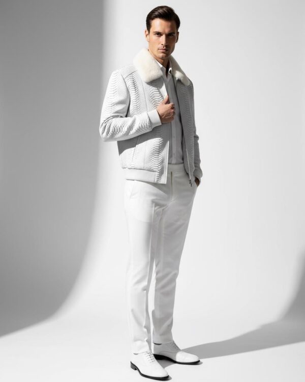 Men's Genuine Python Skin Removable Mink Fur Collar White Exotic Leather Jacket