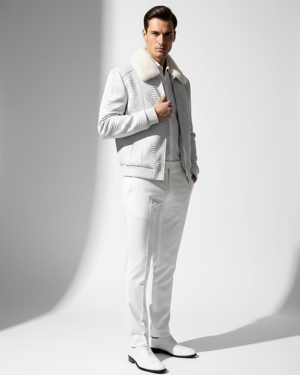 695e5a3559f447123fa57c5c.jpg Men's Genuine Python Skin Removable Mink Fur Collar White Exotic Leather Jacket