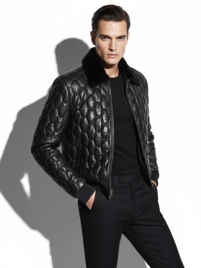 Removable Mink Fur Collar Quilted Genuine Leather Men's Luxury Black Bomber Jacket