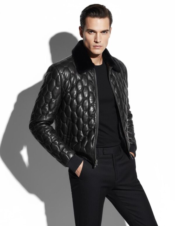 Removable Mink Fur Collar Quilted Genuine Leather Men's Luxury Black Bomber Jacket