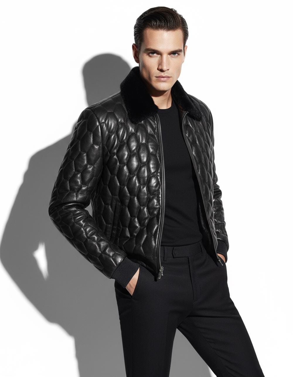 Removable Mink Fur Collar Quilted Genuine Leather Men's Luxury Black Bomber Jacket