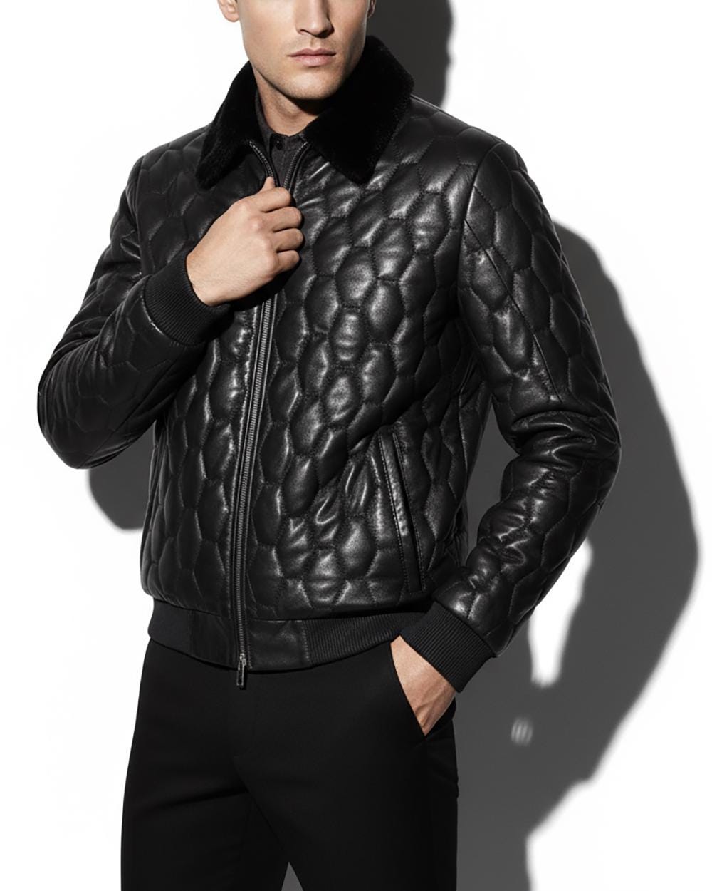 Removable Mink Fur Collar Quilted Genuine Leather Men's Luxury Black Bomber Jacket