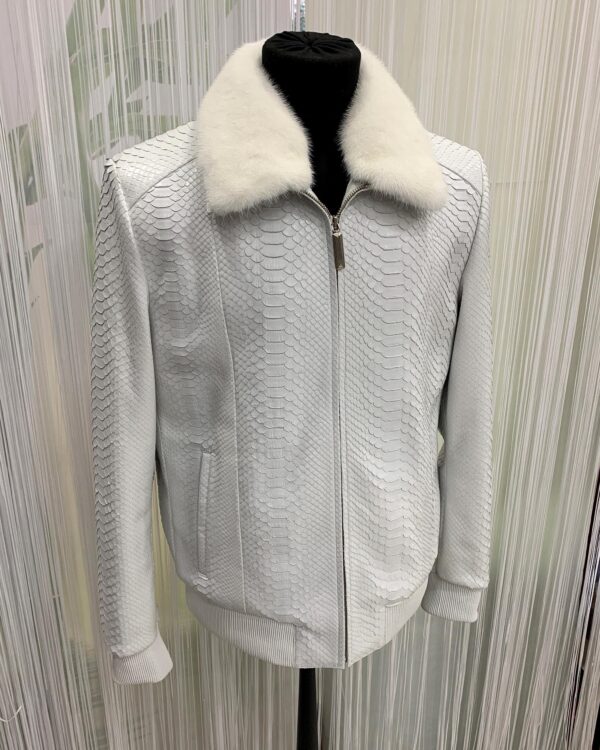Men's Genuine Python Skin Removable Mink Fur Collar White Exotic Leather Jacket