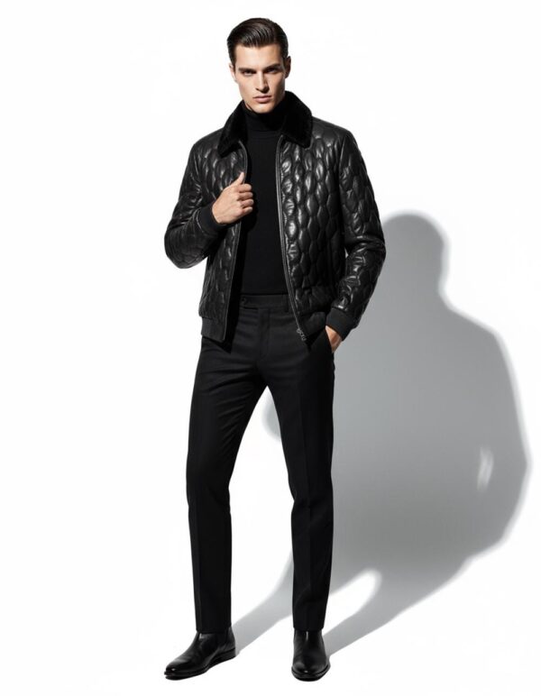 Removable Mink Fur Collar Quilted Genuine Leather Men's Luxury Black Bomber Jacket