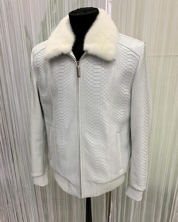 Men's Genuine Python Skin Removable Mink Fur Collar White Exotic Leather Jacket