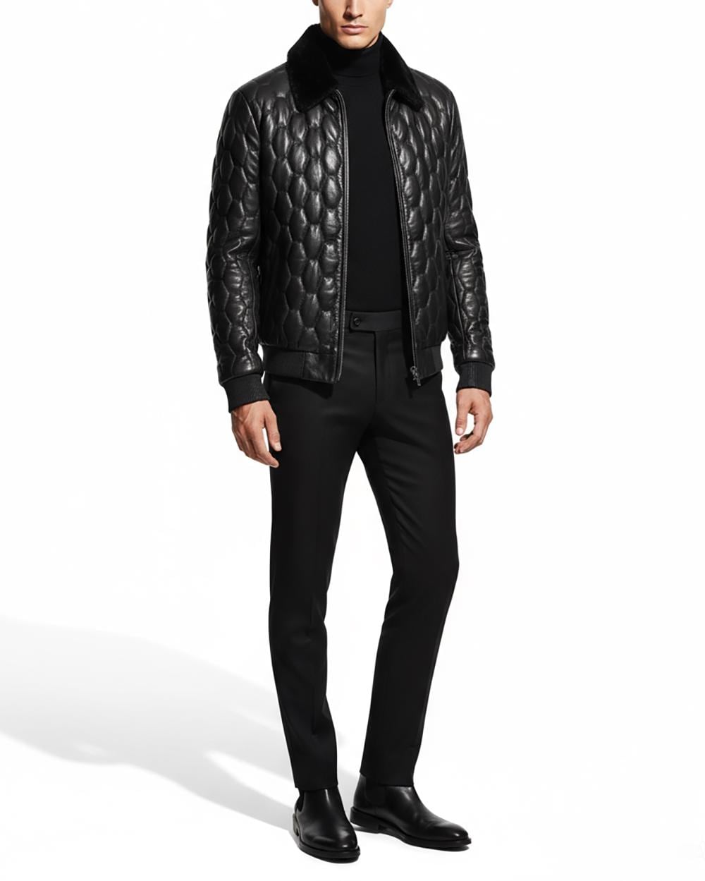 Removable Mink Fur Collar Quilted Genuine Leather Men's Luxury Black Bomber Jacket