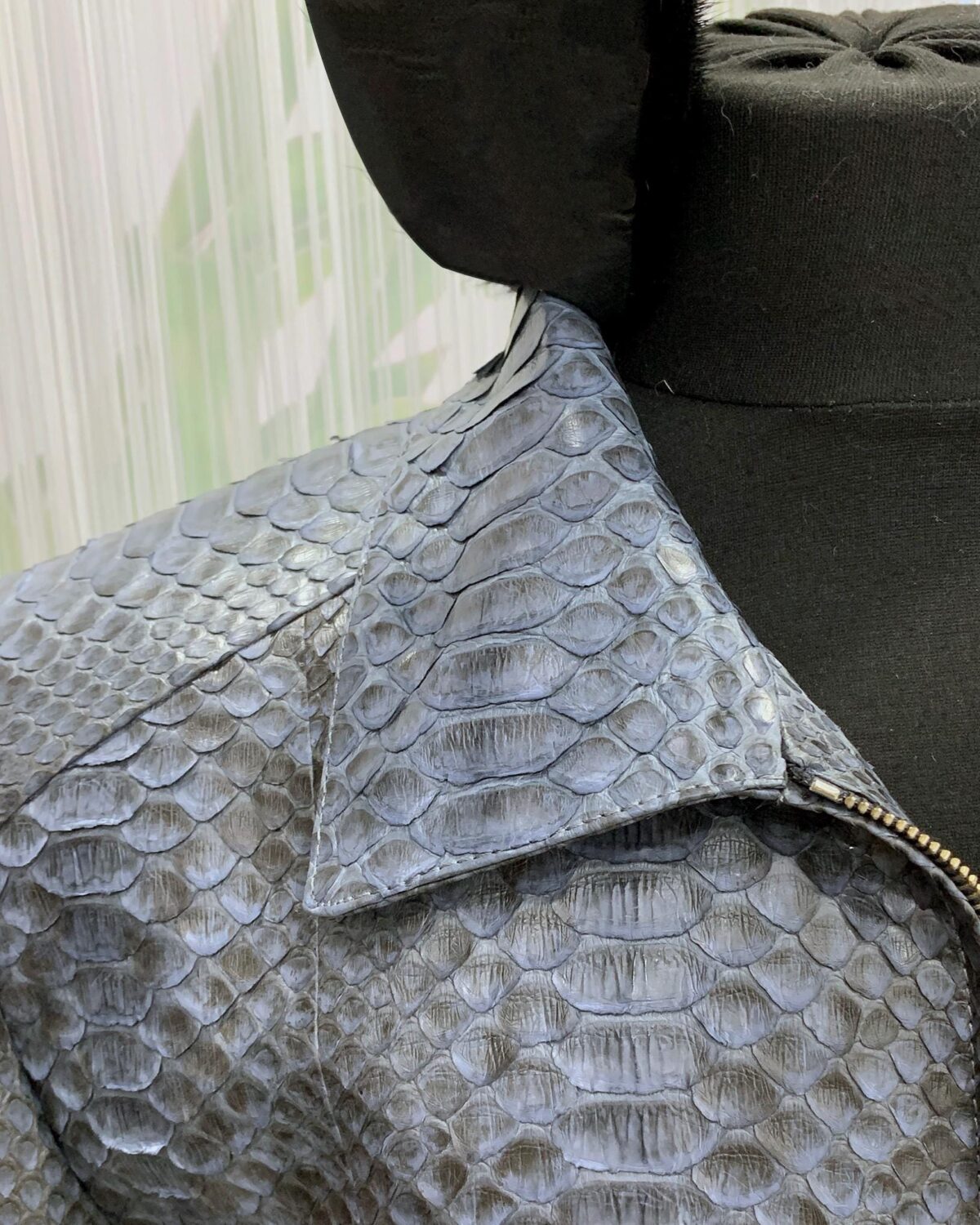 Men's Genuine Python Skin Removable Mink Fur Collar Blue Exotic Leather Jacket