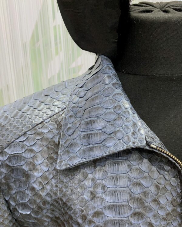 Men's Genuine Python Skin Removable Mink Fur Collar Blue Exotic Leather Jacket