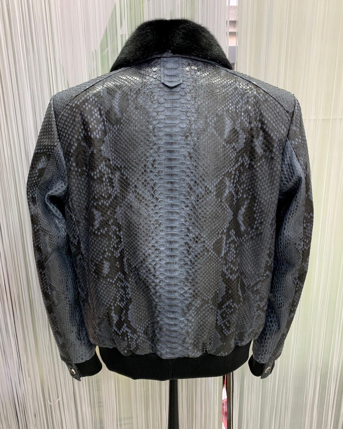Men's Genuine Python Skin Removable Mink Fur Collar Blue Exotic Leather Jacket