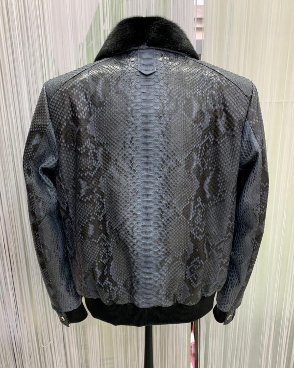 Men's Genuine Python Skin Removable Mink Fur Collar Blue Exotic Leather Jacket